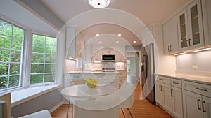 Elements of Modern new Kitchen Interior Design in a newly renovated house, move camera wide shot