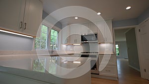 Elements of Modern new Kitchen Interior Design in a newly renovated house, move wide camera footage