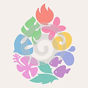 Elements of nature in shape of water drop. Vector logo template or icon with fire, leaf, sun and flower