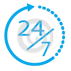 24/7 elements open 24 hours a day and 7 days a week icon. flat i