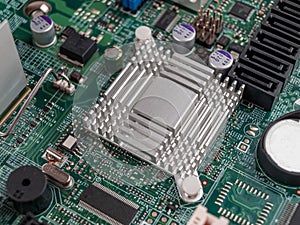 elements of the power circuit on the computer motherboard for the processor chip, CPU socket connector on computer motherboard