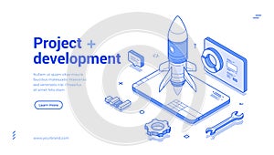 Elements of project development with modern isometric design showcasing rocket launch