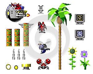 Elements set of Sonic the Hedgehog classic 16-bit video game, pixel design vector illustration