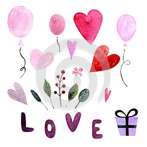 Elements for valentines day. Watercolor illustration with balloons, hearts,leaves and herbs, word love,gift. Happy