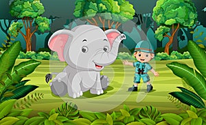 Elephant and adventurer in the jungle