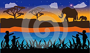 Elephant in the African savanna at sunset. Doum palms, acacia. Silhouettes of animals and plants. Realistic vector landscape. The