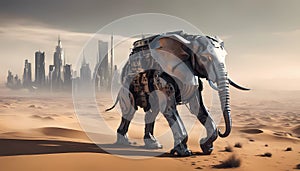 elephant Animal robot walking through desert. A futuristic landscape with a silhouetted city on the horizon