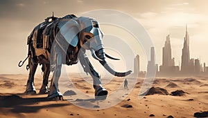elephant Animal robot walking through desert. A futuristic landscape with a silhouetted city on the horizon
