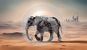 elephant Animal robot walking through desert. A futuristic landscape with a silhouetted city on the horizon