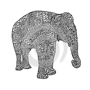Elephant in asian style. Mandala pattern for adult coloring book. Vector black and white illustration.