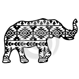 Elephant aztec style pattern. Tribal design ethnic ornaments vector print art black graphic illustration isolated
