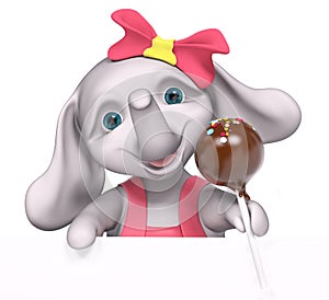 Elephant baby girl cartoon with poster, holding cake pop, 3d re