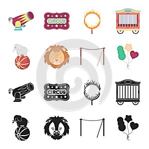 Elephant on the ball, circus lion, crossbeam, balls.Circus set collection icons in black,cartoon style vector symbol