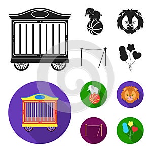 Elephant on the ball, circus lion, crossbeam, balls.Circus set collection icons in black,flat style vector symbol stock