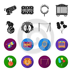 Elephant on the ball, circus lion, crossbeam, balls.Circus set collection icons in black,flet style vector symbol stock