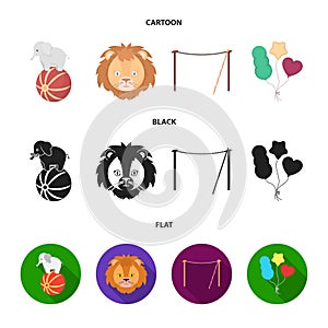 Elephant on the ball, circus lion, crossbeam, balls.Circus set collection icons in cartoon,black,flat style vector