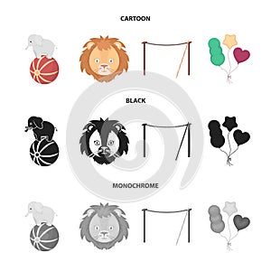 Elephant on the ball, circus lion, crossbeam, balls.Circus set collection icons in cartoon,black,monochrome style vector