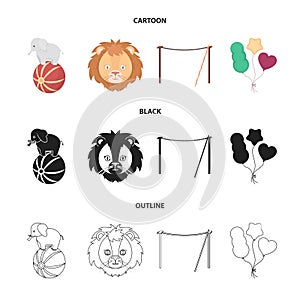 Elephant on the ball, circus lion, crossbeam, balls.Circus set collection icons in cartoon,black,outline style vector