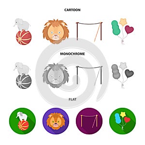 Elephant on the ball, circus lion, crossbeam, balls.Circus set collection icons in cartoon,flat,monochrome style vector