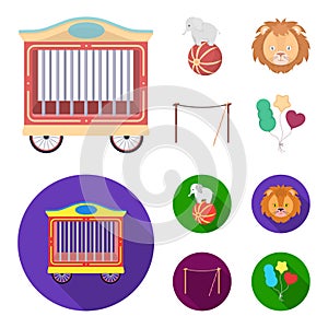 Elephant on the ball, circus lion, crossbeam, balls.Circus set collection icons in cartoon,flat style vector symbol