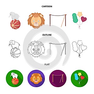 Elephant on the ball, circus lion, crossbeam, balls.Circus set collection icons in cartoon,outline,flat style vector