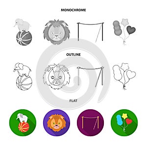 Elephant on the ball, circus lion, crossbeam, balls.Circus set collection icons in flat,outline,monochrome style vector