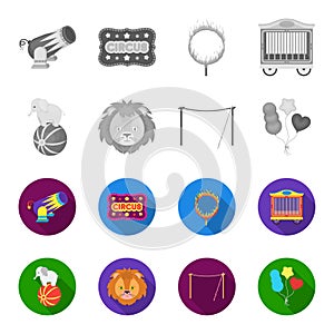 Elephant on the ball, circus lion, crossbeam, balls.Circus set collection icons in monochrome,flat style vector symbol