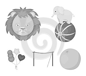 Elephant on the ball, circus lion, crossbeam, balls.Circus set collection icons in monochrome style vector symbol stock