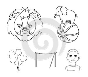 Elephant on the ball, circus lion, crossbeam, balls.Circus set collection icons in outline style vector symbol stock