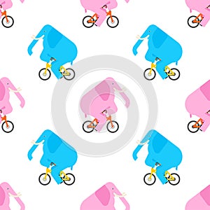 Elephant on bicycle pattern seamless. animal is riding bicycle background. Baby fabric texture. Cartoon childrens ornament