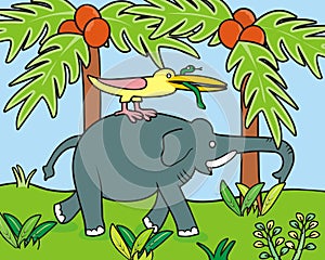 Elephant and bird, art, humorous vector illustration