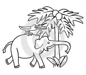 Elephant and bird - coloring book, vector illustration, drawing activity