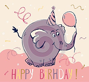 Elephant birthday card cool design. Greeting post card template. Safari animal date of birth. Happy birthday