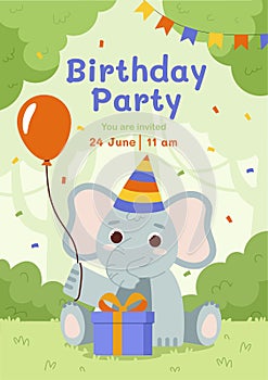 Elephant birthday party vector card