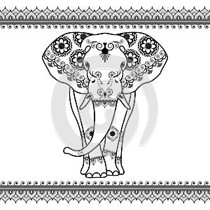 Elephant with border elements in ethnic mehndi style. Vector black and white frontal elephant's illustration isolated