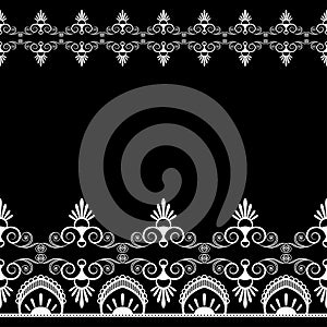 Elephant with border elements in ethnic mehndi style. Vector black and white illustration isolated on white background