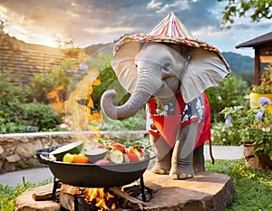 Elephant boy roasting mixed vegetables on a glowing campfire