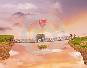 Elephant on a bridge in the sky with balloon.