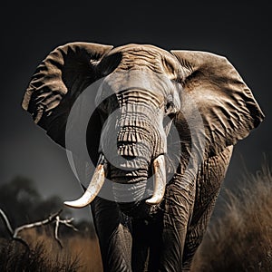 Elephant bulls side profile, tusks featured, quenching thirst with elegance