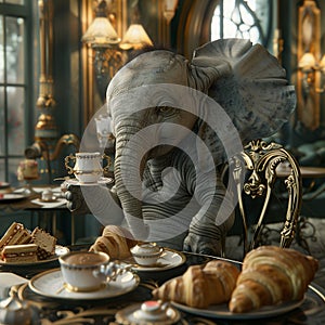 an elephant is busily drinking coffee at a table in a cozy cafe
