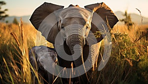 Elephant calf walking in African savannah at sunrise generated by AI