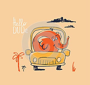 Elephant on car funny cool summer t-shirt print design. Road trip on automobile. Slogan. Drive vacation safari