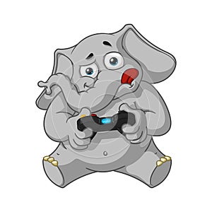Elephant. Character. Playing video games, joystick, gamepad.