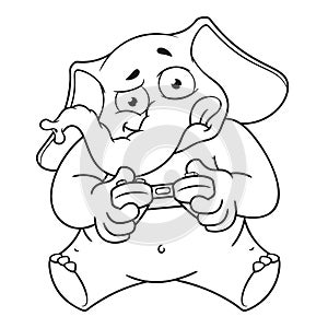 Elephant. Character. Playing video games, joystick, gamepad. Big collection of isolated elephants. Vector, cartoon.
