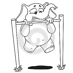 Elephant. Character. Pullups on the bar. It`s hard for him. Big collection of isolated elephants. Vector, cartoon.