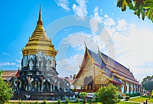 Elephant Chedi and large viharn of Wat Chiang Man temple, Chiang Mai, Thailand