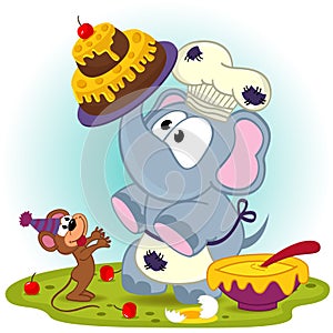 Elephant chef prepare cake for mouse