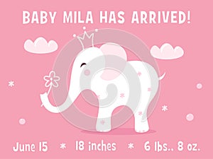 Elephant and Clouds. Baby Girl Birth Announcement Card Template