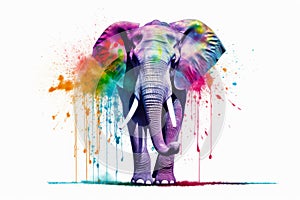 Elephant with colorful paint splattered all over it's body. Generative AI