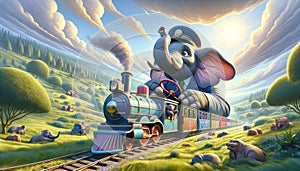 Elephant conductor driving a train